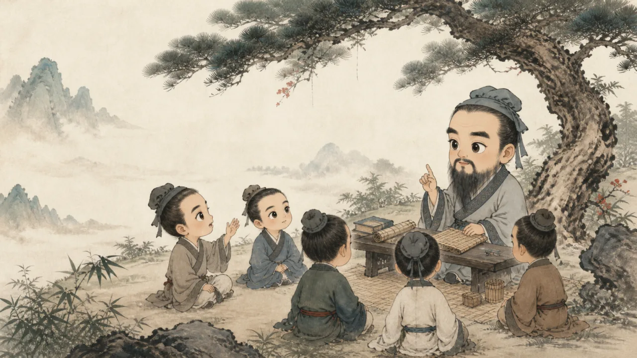 孔子在松樹下與弟子問答的Q版水墨插畫